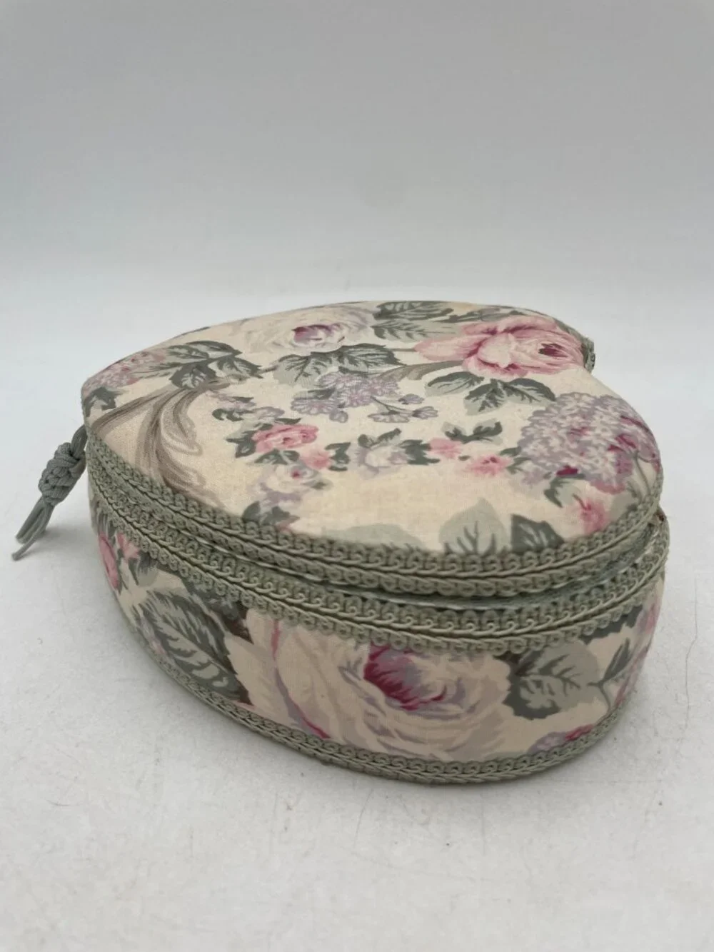 Heart-Shaped Floral Fabric Jewelry Box With Crocheted Lady Pink & Mint Green 7